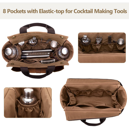 LoDrid Tote Bartender Bag, Genuine Leather Waxed Canvas Portable Carrying Cocktail Shaker Kit Bag with Handle for Travel Home Indoor Outdoor Party (Bag Only)(Patent Design)
