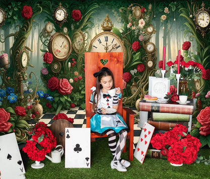 Halloween Wonderland Backdrop Tea Party Enchanted Garden Floral Green Grass Fairy Clock Checkerboard Photography Background Baby Shower Newborn Kids Birthday Party Banner Photo Props 7x5FT
