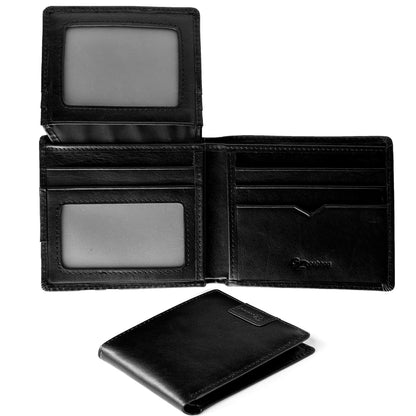 GZBOSHENG Mens Genuine Leather Bifold RFID Blocking Wallet for Men with 2 ID Window 9 Card Holders 2 cash pockets,Includes Gift Box for Father (Black)