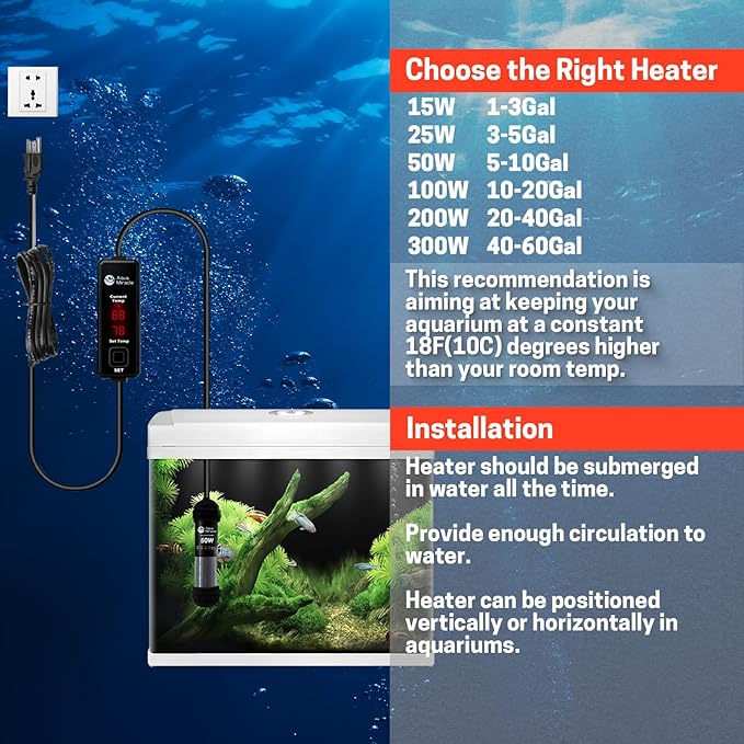 AquaMiracle Upgraded 50W Small Aquarium Heater Fish Tank Heater Turtle Heater Super Mini Aquarium Heater, Dry-Run/Overheating Protection and Memory Function, Dual LED Display, for 5-10 Gal Tanks