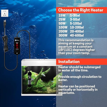 AquaMiracle Upgraded 100W Small Aquarium Heater Fish Tank Heater Turtle Heater Super Mini Aquarium Heater, Dry-Run/Overheating Protection and Memory Function, Dual LED Display, for 10-20 Gal Tanks