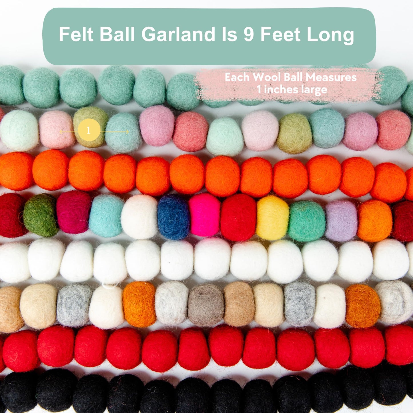 Large Felt Ball Garland, 9 Feet Orange Wool Pom Pom Garland 128 Handcrafted Pure Sheep Wool Felt Balls Prestrung for Christmas Tree Hanging Decor, Halloween Banner, and Orange Party Decor