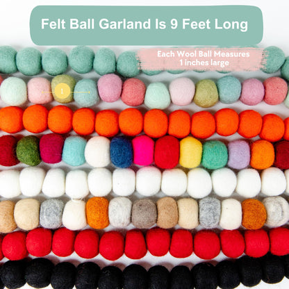 Large Felt Ball Garland, 9 Feet Orange Wool Pom Pom Garland 128 Handcrafted Pure Sheep Wool Felt Balls Prestrung for Christmas Tree Hanging Decor, Halloween Banner, and Orange Party Decor