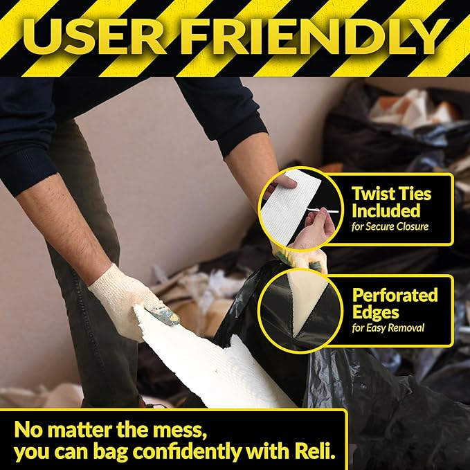 Reli. Contractor Garbage Bags 55 Gallon | 20 Trash Bags | Heavy Duty | Black