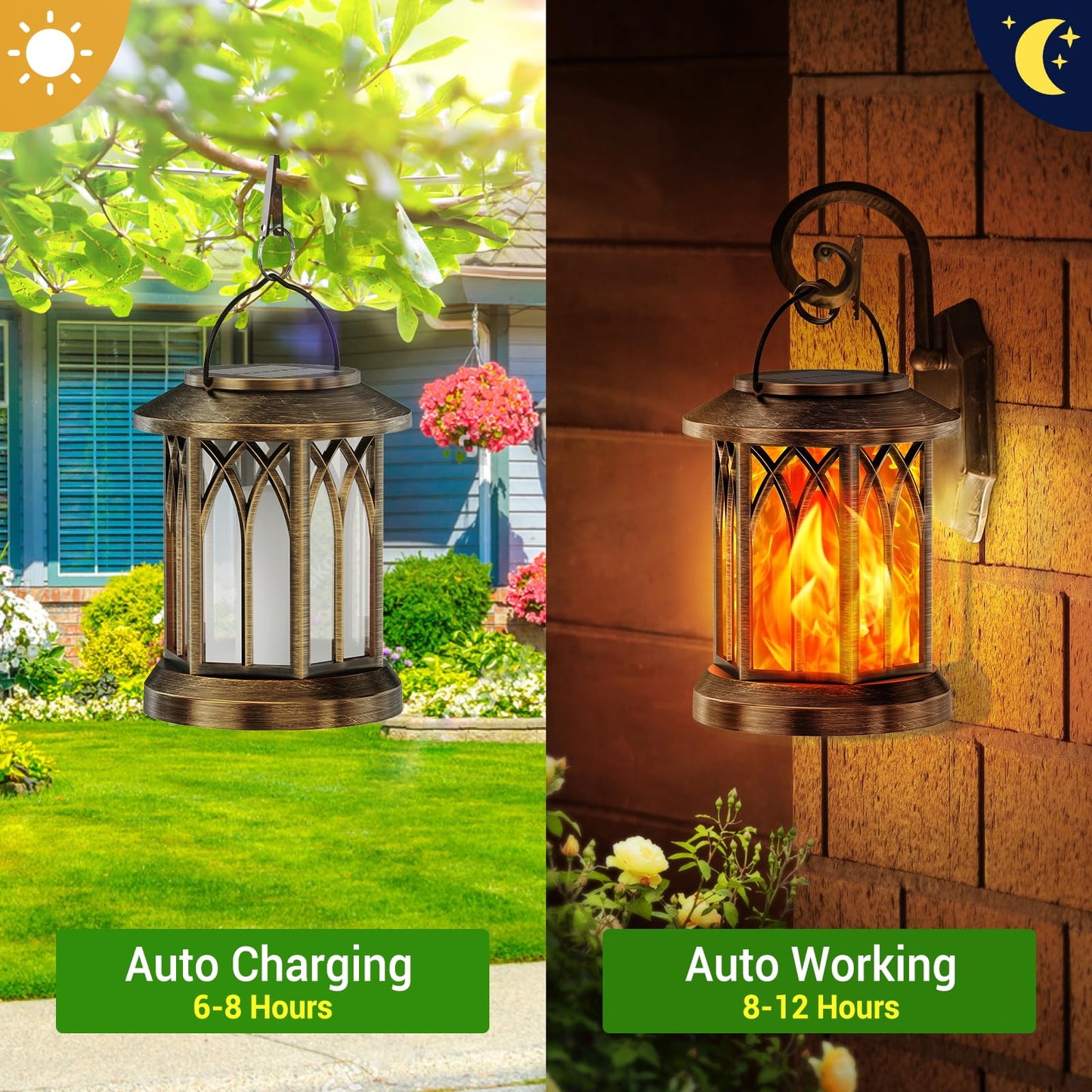 KOOPER 4 Pack Solar Lanterns Outdoor Waterproof, Upgraded Flickering Flame Solar Lantern Lights, Auto On/Off Lanterns Decorative Outdoor, Outdoor Hanging Lantern for Yard Garden Table Decor (Bronze )