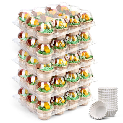 LotFancy (12 Count x 5 Sets) Cupcake Containers with 60 Liners, Plastic Stackable Cupcake Boxes, Disposable Muffin Holder with Detachable Tall Dome Lid, BPA Free, Clear Cupcake Carrier, Standard Size