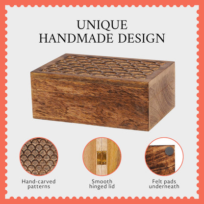 Mela Artisans 10.5” x 7.5” x 4” Mango Wood Box with Lid – Carved Scallop Medium Burnt – Handcrafted Wooden Keepsake Box – Extra Large Decorative Storage for Jewelry, Memory & Home Décor Accents