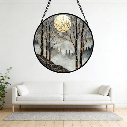 AMDERVEN Stained Glass Window Hanging - Grey Moon Forest Sun Catcher for Door Home Decor Suncatcher Christmas Mother's Day Birthday Gifts for Women Men Lovers Mom Nana 7.8 in