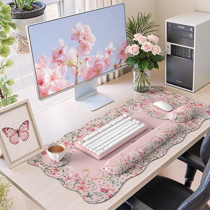 iCasso Desk Mat Set,Large Mouse Pad with Wrist Rest,Ergonomic Keyboard Wrist Support for Women,Girly Floral Computer Mat with Scalloped Edges,Non-Slip Desk Pad Home Office Gaming (Pink)