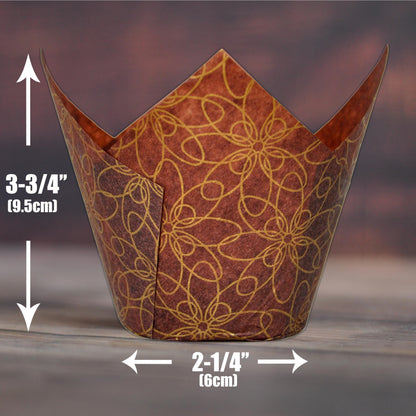 MyBakning (JUMBO Large size) Brown Golden pattern Tulip Baking Cups 2-1/4"(Base diameter) x 3-3/4"(Wall height) Greaseproof paper Muffin liners, Case of 130 pcs