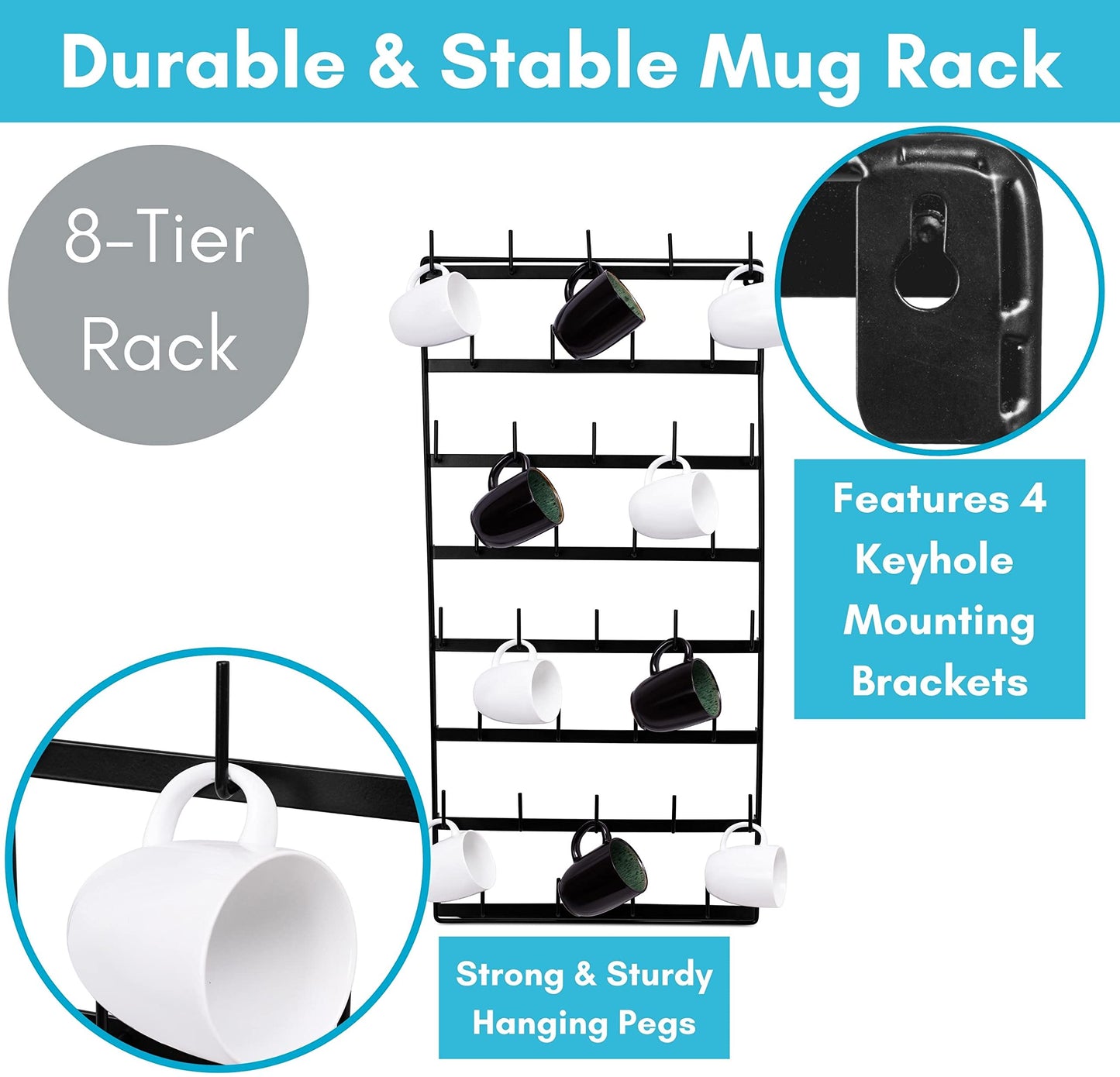 BIRDROCK HOME 36 Peg Coffee Mug Organizer Wall - 8 Tier Wall Mounted Coffee Mug Holder - Tea Cup Display Shelf Wall Mounted - Heavy Duty Decorative Kitchen Bar Organizer Flat Metal Steel Rack - Black