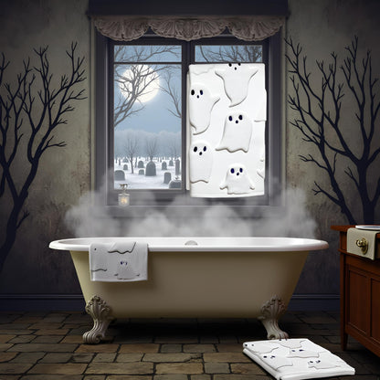 Xkdamai 2 Pack Halloween Hand Towels 100% Cotton Jacquard Ghost Halloween Kitchen Towels White Bathroom Towels Set Seasonal Bathroom Decor (White Ghost, Halloween)
