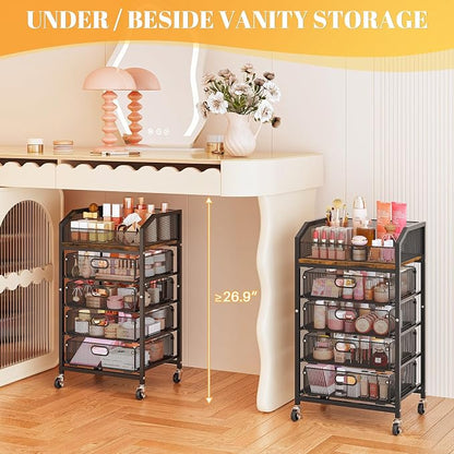 SUNALLY Makeup Organizer Cart with 4 Drawers, Rolling Makeup Storage Cart Metal Skincare Organizers, Large Vanity Storage Organizer Cosmetics Display Cases for Skin Care Perfume Nail Polish, Black