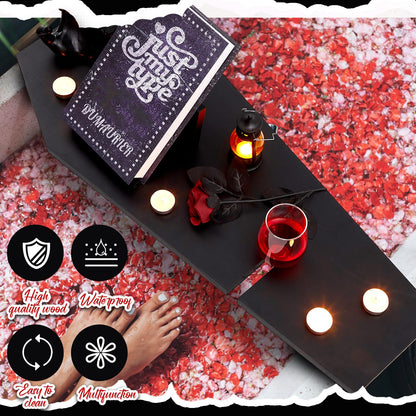 Barydat Halloween Decorations Coffin Bath Tray Gothic Coffin Serving Tray with Tablet Stand Spooky Goth Bathtub Caddy Black Wood Bath Board for Halloween Home Decor Bathroom Accessories