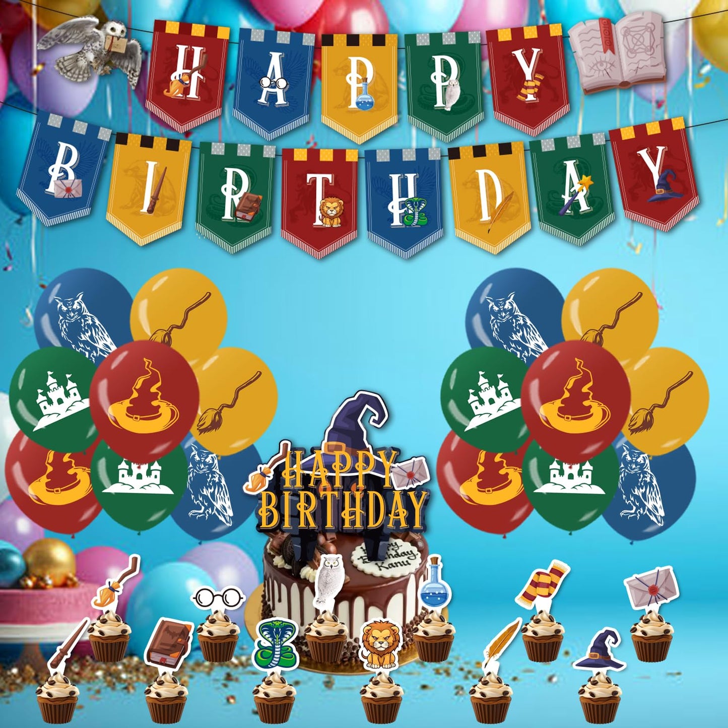 Magical Wizard Birthday Party Decorations Supplies Includes Happy Birthday Banner Balloons Cake Toppers Cupcake Toppers for Boys and Girls Halloween Party