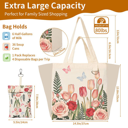 KIDJFGG Large Canvas Grocery Tote Bag, 3 Pack Heavy Duty Cotton Canvas Totes with Removable Bottom Support & Small Storage Pouch, Washable, 2 Handles Reusable Grocery Bags for Shopping, Women's Gift