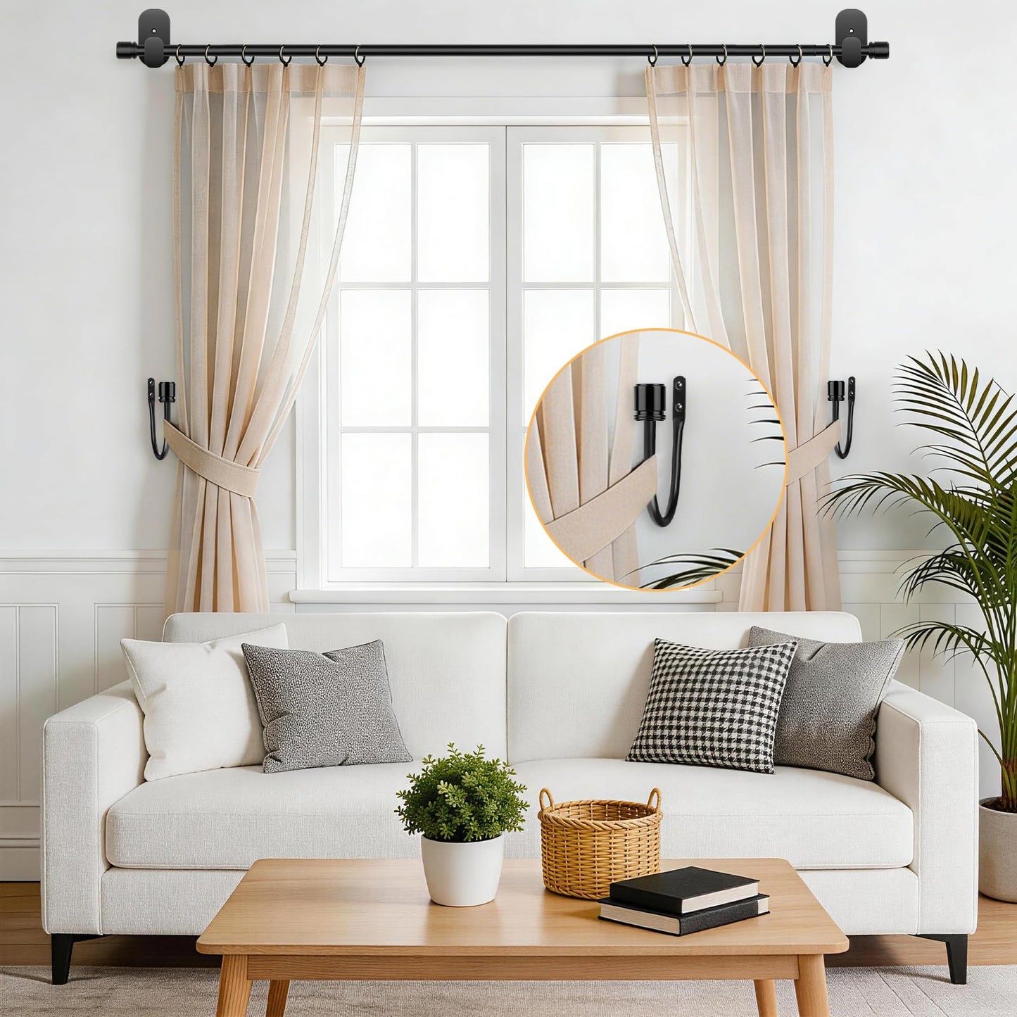 Curtain Holdbacks 2 Pack, HOTOZON Decorative Curtain Tieback with Screws Wall Mounted, Curtain Hooks for Drapes with Simple End Finials, Black (1 Pair/2 Pack), Large