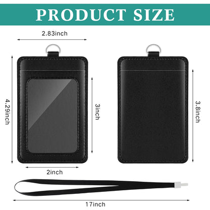 Ireer 48 Pcs ID Badge Holder with Lanyard, PU Leather Card Holder Vertical with Clear ID Access Card Window, Slot for Office Work, School Student, Black