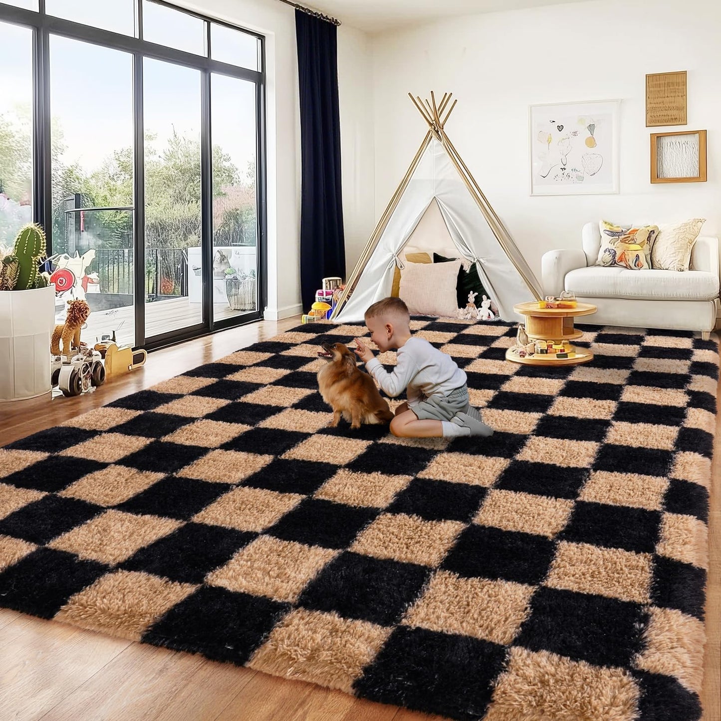 PIPABOBO Checkered Rug 4x6 for Bedroom, Fluffy Plush Area Rug Non Slip, Modern Indoor Shag Rugs for Living Room Girls Kids Room Nursery Dorm Home Decor, Black and Beige