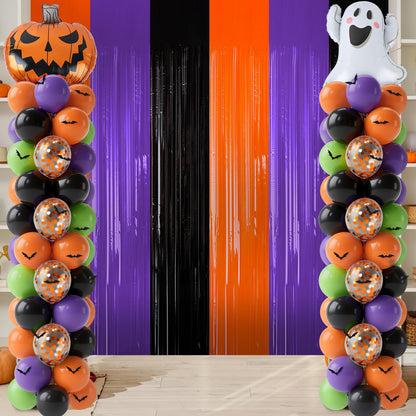 2 Sets Halloween Balloon Column Stand Kit 3.3 X 6.6 ft Photo Backdrop With Ghost Pumpkin Balloon Black Orange Purple Green Balloons with Bases for Halloween Day Theme Party Decorations