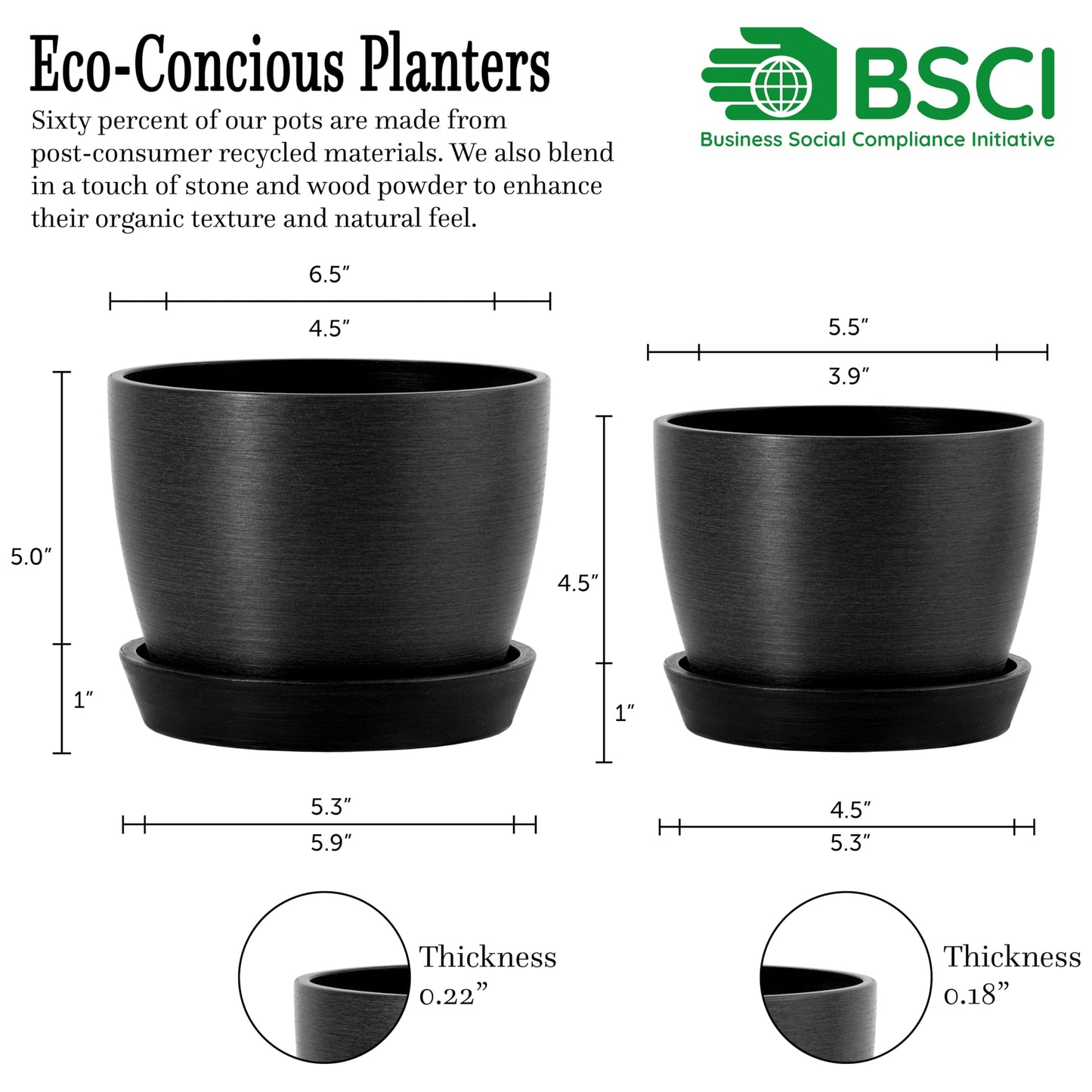 Kin 'n' Kind Set of 2 Minimalist Plant Pots (6.5" & 5.5") – Modern Indoor Planters with Drainage & Saucers & Plugs – Durable Eco-Conscious Composite, Indoor/Outdoor – Marin Night Black