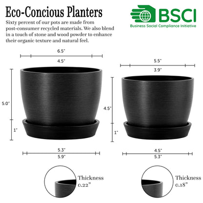 Kin 'n' Kind Set of 2 Minimalist Plant Pots (6.5" & 5.5") – Modern Indoor Planters with Drainage & Saucers & Plugs – Durable Eco-Conscious Composite, Indoor/Outdoor – Marin Night Black