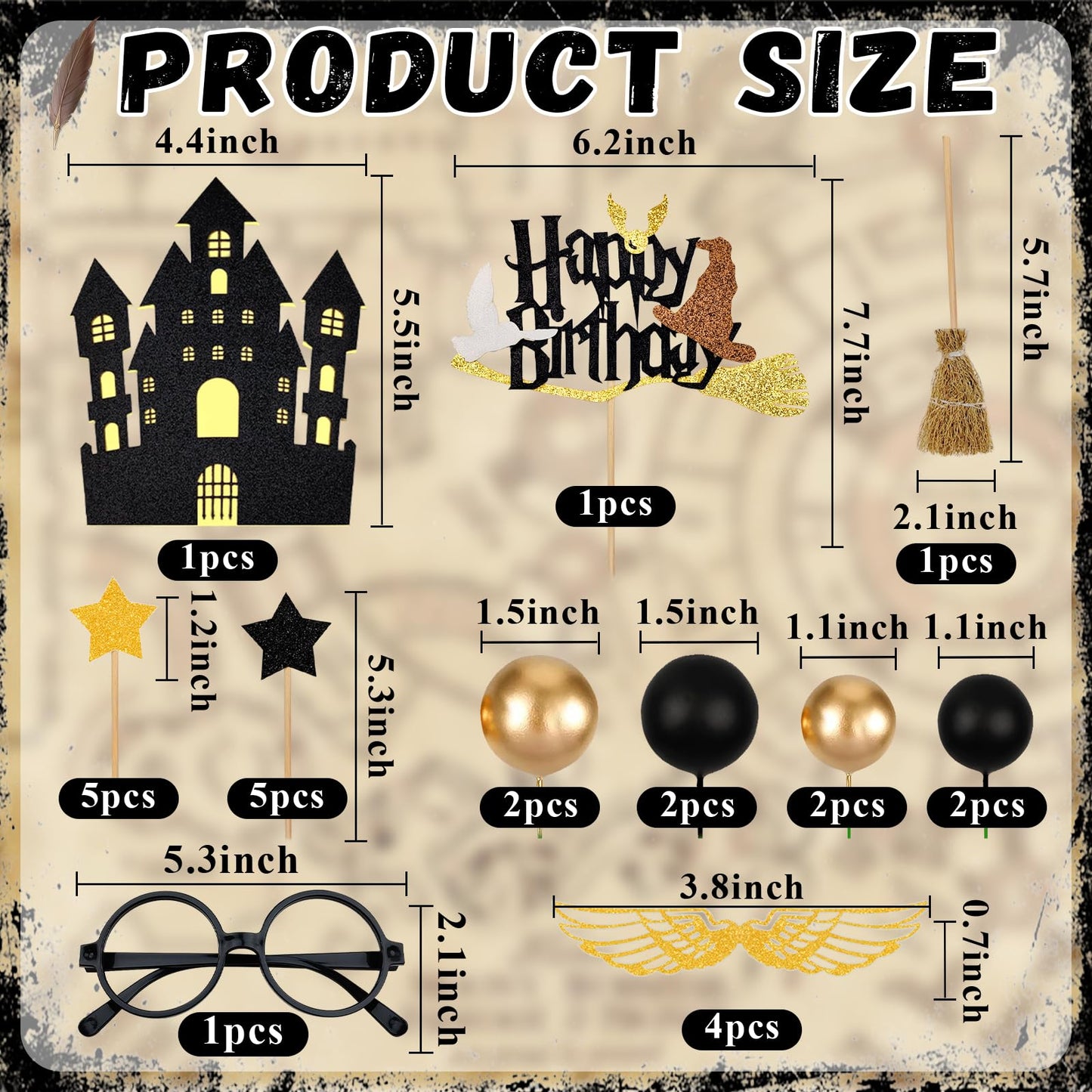 Rismise Wizard Cake Topper 26PCS Magical Wizard Themed Cake Decoration Black and Gold Ball Cupcake Cake Picks with Glasses Tie Wings Stars for Halloween Birthday Magical School Party Supplies