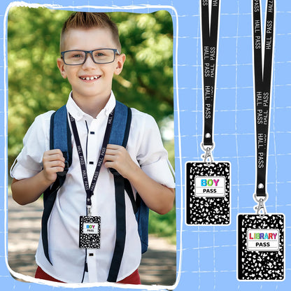 Fuyoooo 16 Set Composition Notebook Hall Pass Lanyards Unbreakable PVC Classroom Passes with Lanyards Bathroom Boy Girl Library Hall Office Nurse Pass for Elementary School Supplies