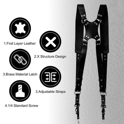 Yunzuiyue Double Camera Strap, Shoulder Camera Strap Harness Leather Dual Camera Strap for Two DSLR/SLR Cameras, Adjustable (Black