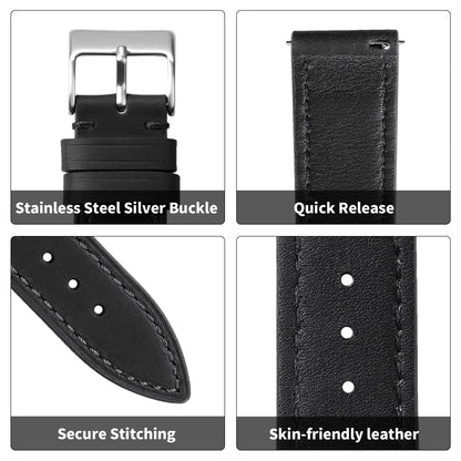 JUNGHELE leather watch bands for men and women, Quick Release leather watch strap with Silver Buckle watch leather strap,Black 18mm watch band WBG0219