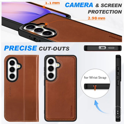 SHIELDON Detachable Wallet Case for Galaxy S26 6.3-inch, Genuine Leather, 2-in-1, Wireless Charging, Magnetic Closure, RFID Blocking Credit Card Slot, Kickstand, Full Protective Cover - Retro Brown