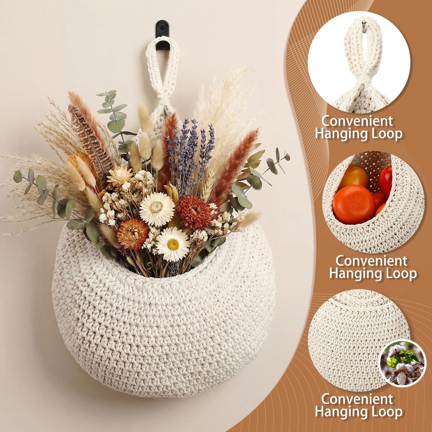 LemonRoad Boho Decor Hanging Wall Fruit Baskets for Kitchen 9 Pack Woven Teardrop Produce Baskets with 9 Pcs Strong Hooks 3 Sizes Hanging Storage Vegetable Potato Onion for Home, White, Linen, Jute