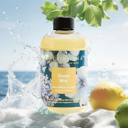 Cocorrína Reed Diffuser Refill Ocean Mist 17oz (500ml) with 8 Sticks - Premium Long-Lasting Scented Oil, Home Fragrance for Bedroom, Bathroom Home Decor