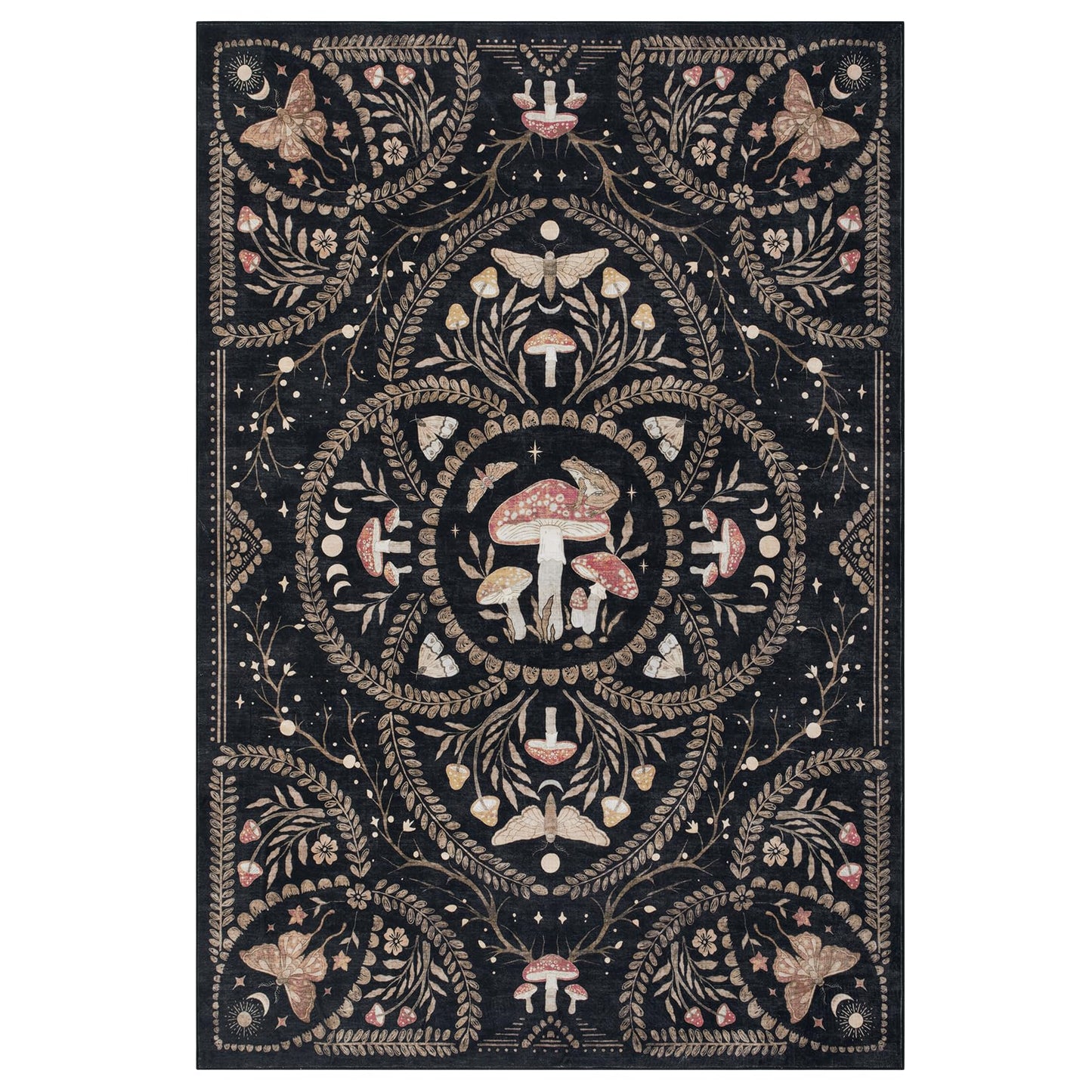 Garvee Mushroom 9x12 Area Rugs for Living Room, Dark Academia Gothic Rug, Non Slip Animal Print Washable Rugs 9x12 Low Pile Bedroom Decor Bug Carpet with Rubber for Dining Room Playroom Office, Black