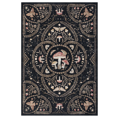 Garvee Mushroom 9x12 Area Rugs for Living Room, Dark Academia Gothic Rug, Non Slip Animal Print Washable Rugs 9x12 Low Pile Bedroom Decor Bug Carpet with Rubber for Dining Room Playroom Office, Black