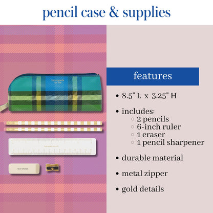 kate spade new york Pen and Pencil Case with Office Supplies, Zip Pouch Includes 2 Pencils, Sharpener, Eraser, and Ruler, Grand Plaid Duo