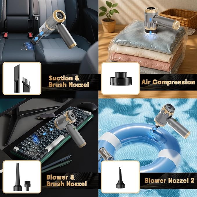 Car Vacuum Portable Cordless, 20000PA High power Vacuum Cleaner , Brushless Motor, 3-Speed Modes, 4 in 1 Compressed Air Duster, Air Blower, Pump HandHeld Vacuum for Car, Home, Office, Camping - Grey