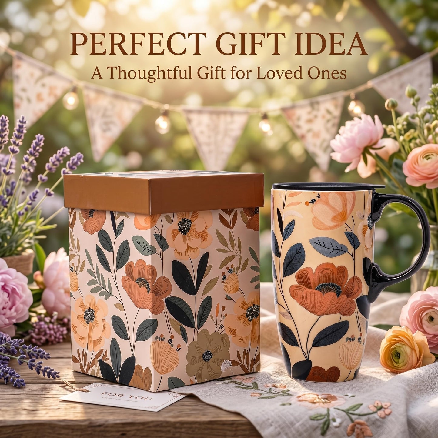 Topadorn Botanical Ceramic Travel Mug with Lid, 17oz Floral Coffee Mug with Handle, Microwave & Dishwasher Safe, Gift Box Included