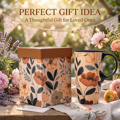 Topadorn Botanical Ceramic Travel Mug with Lid, 17oz Floral Coffee Mug with Handle, Microwave & Dishwasher Safe, Gift Box Included