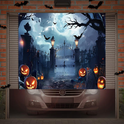Preboun Halloween Garage Door Banner Large Hanging Backdrop Door Cover Halloween Garage Wall Decorations for Outdoor Holiday (7 x 8 ft)
