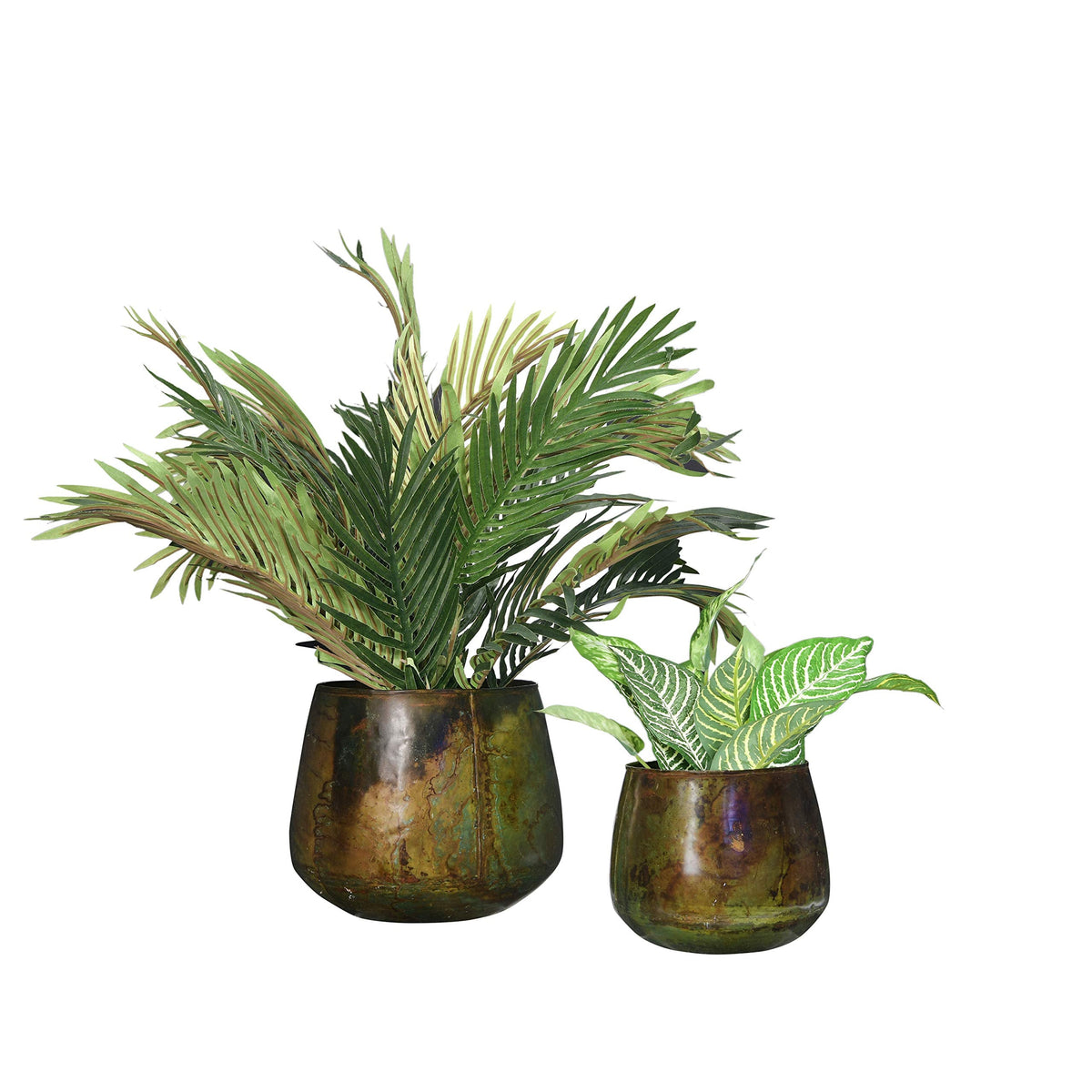 Bloomingville Various Round Metal Planters with Oxidized Finish, Green, Set of 2