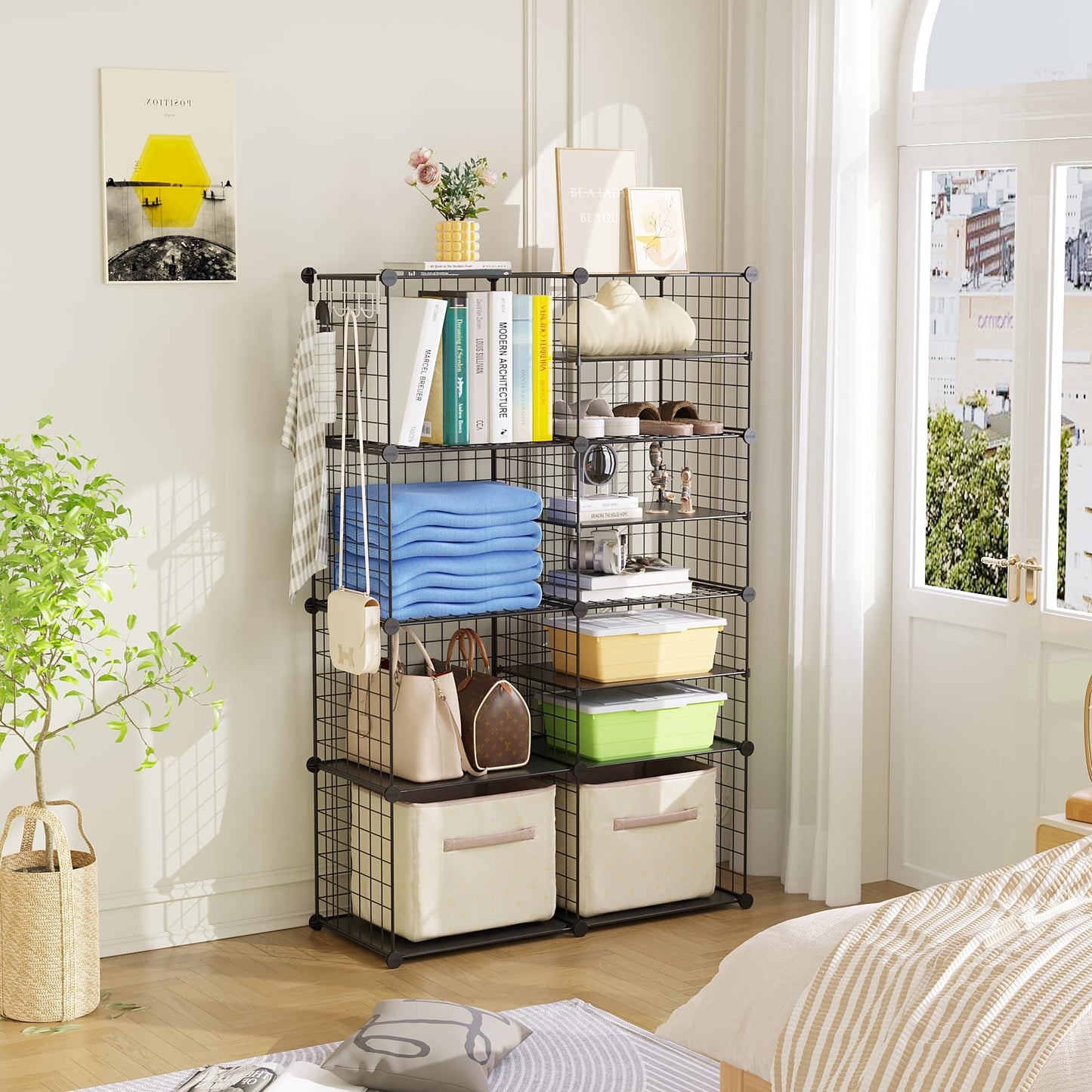 C&AHOME Wire Cube Storage Unit, Interlocking Metal Wire Organizer with Divider Design, Modular Cabinet with Plastic Panels, Bookshelf Stackable Closet Organizer with Small Hooks, Black UWCSIM08B
