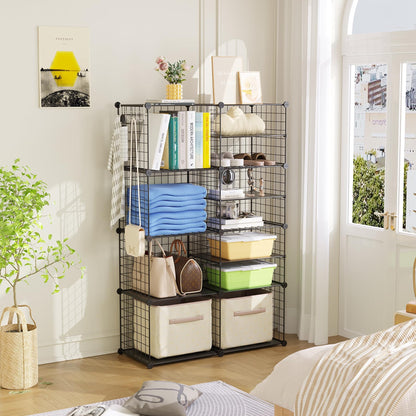 C&AHOME Wire Cube Storage Unit, Interlocking Metal Wire Organizer with Divider Design, Modular Cabinet with Plastic Panels, Bookshelf Stackable Closet Organizer with Small Hooks, Black UWCSIM08B