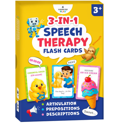 Clever Fox Play 3-in-1 Speech Therapy Flash Cards for 3+ Year Olds – Toddler Learning Flash Cards for Speech Therapy Materials – 45 Articulation, Description & Preposition Cards for Preschool
