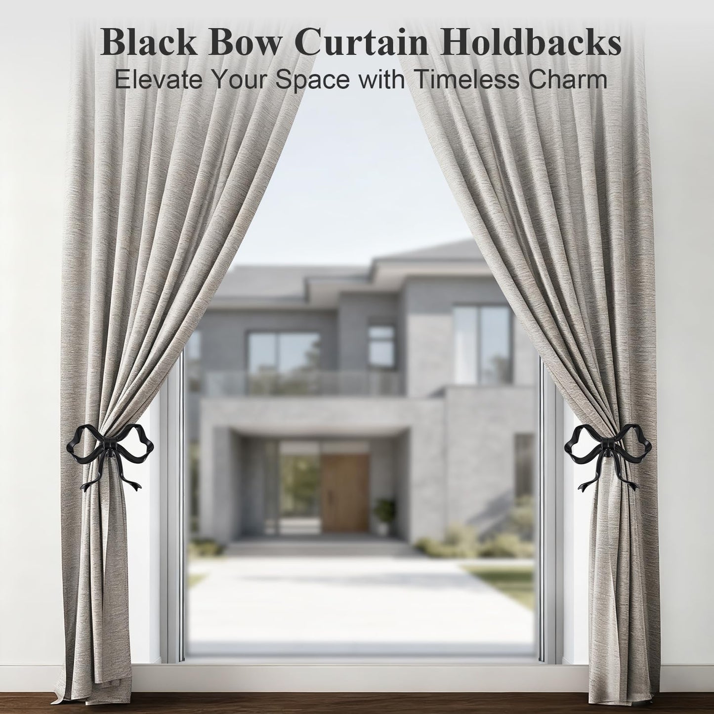 Tocemei 2 Pack Black Bow Curtain Holdbacks, Modern Matte Metal Curtain Holders for Wall,Rotatable Adjustable Angle,Elegant Bow Decor for Living Room Bedroom Home