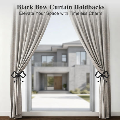Tocemei 2 Pack Black Bow Curtain Holdbacks, Modern Matte Metal Curtain Holders for Wall,Rotatable Adjustable Angle,Elegant Bow Decor for Living Room Bedroom Home