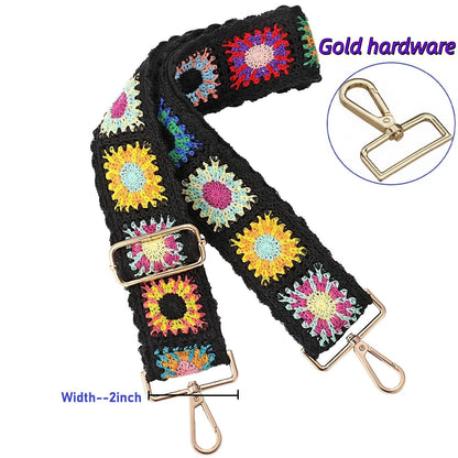 Greaciary Wide Purse straps Crochet Flower replacement crossbody for Handbags Adjustable Embroidery Knit Guitar Shoulder strap for Bag (Black floral)