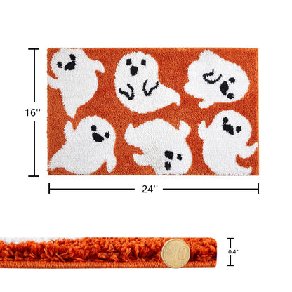 Estmy Cute Orange Ghost Bath Mat Non Slip Machine Washable 16’’x24’’ Spooky Funny Halloween Bath Rug Bathroom Decor, Soft Shaggy Microfiber Scary Spirit Fall Bathroom Shower Floor Mat Absorbent