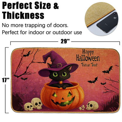 Doormat Black Cat Skull Front Door Mat Indoor Outdoor Entrance,Halloween Pumpkin Bat Door Mat Waterproof Low Profile All-Season,Easy Clean Patio Porch Entryway Floor Rug 17x29 Inch