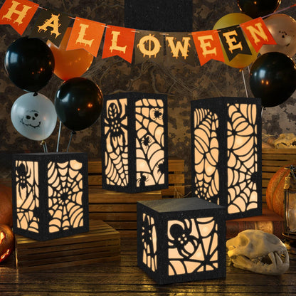 OuMuaMua 4 Pcs Halloween Party Decorations Indoor Halloween Table Centerpieces Boxes, Light up Spider Web Paper Lanterns with Led Lights for Spooky Party Supplies Home Decor